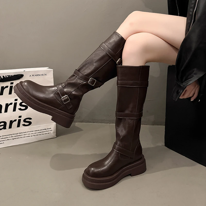 Platform Women Knight Long Boots Fashion Warm Fur Shoes Autumn Winter Square Heels Ladies Knee High Booties image 2