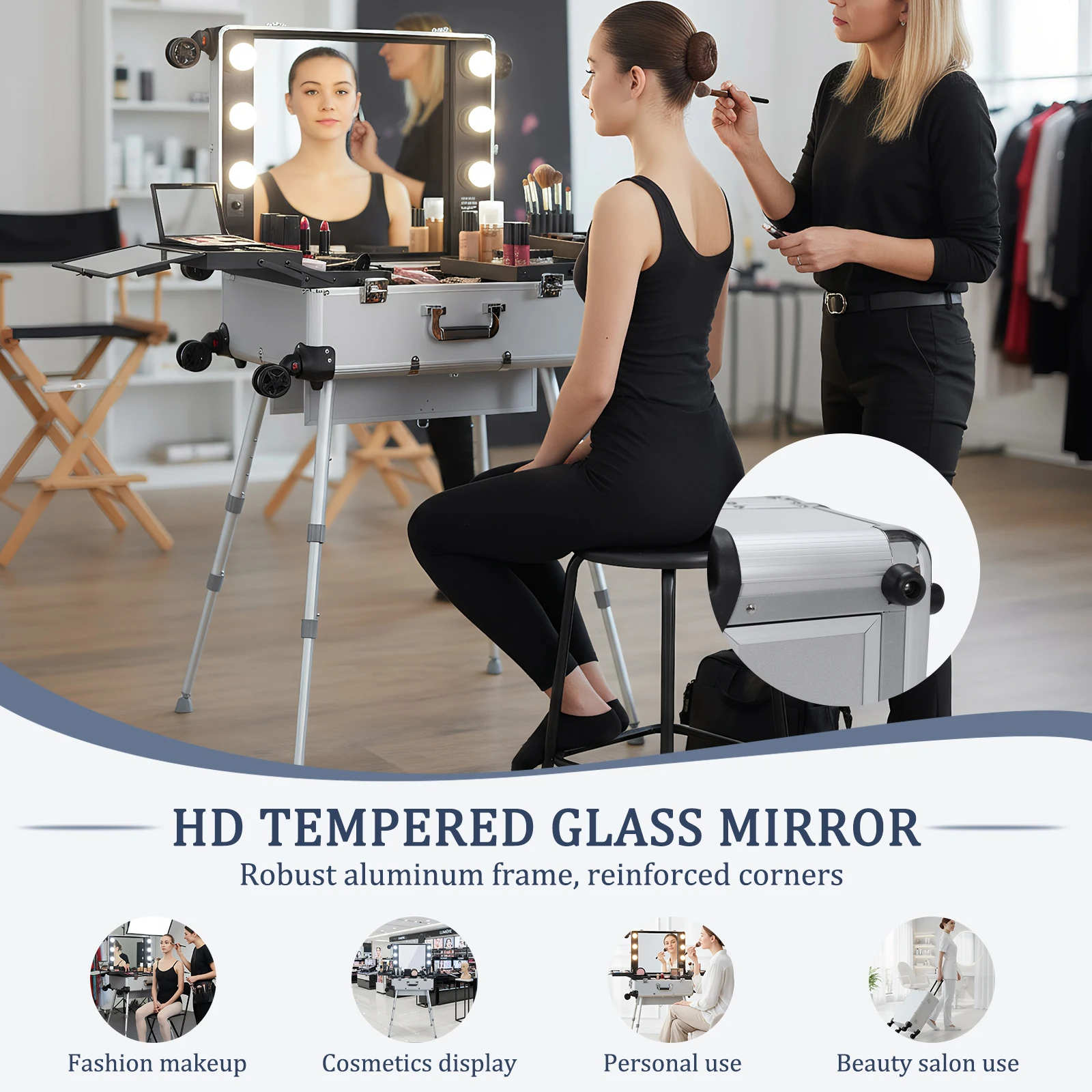 

Мобильный кейс-тележка для визажиста с зеркалом и подсветкой, на колесах, для женщин и девушек