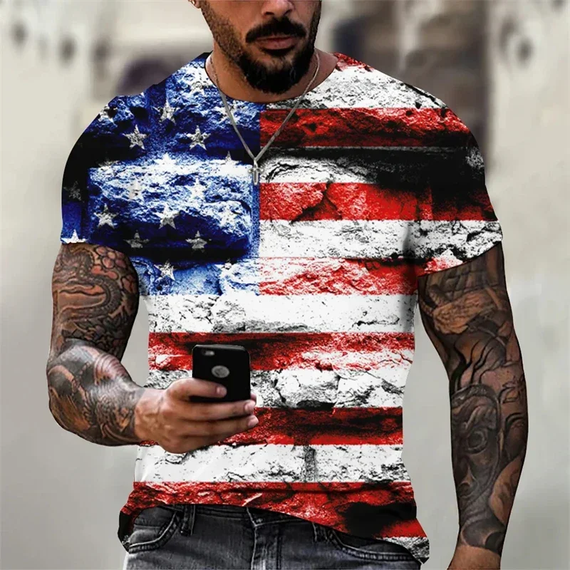 Summer American Oversized Y2k Tops Streetwear 3D Print T-shirt for Men Fashion Casual Harajuku USA Flag T Shirts Male Clothing