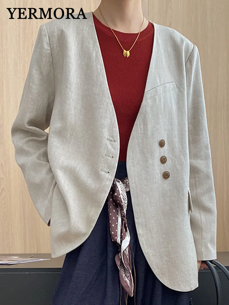 YERMORA Gray Linen Button Brief Casual Blazer For Women V-neck Long Sleeve Loose New Thin Jacket Fashion Tide Spring Autumn 2025