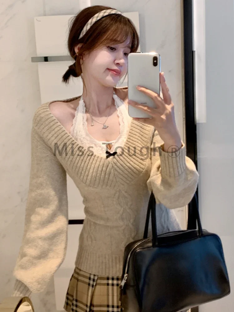 Winter Korean Fashion V-neck Knitted Tops Women Vintage Chic Long Sleeve Solid Slim Sweater Female Casual Elastic Thin Knit Top