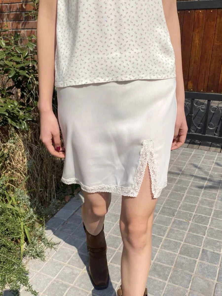 Mini Faldas con dobladillo de encaje blanco para mujer, Faldas cortas de cintura alta, corte en A, informal, dulce y elegante, color liso, novedad