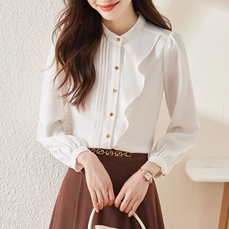 Women Ruffle Elegant Chic Button Up Shirt Fashion Stand Collar Office Lady Business Casual Blouse Solid Long Sleeve Tops Blusas