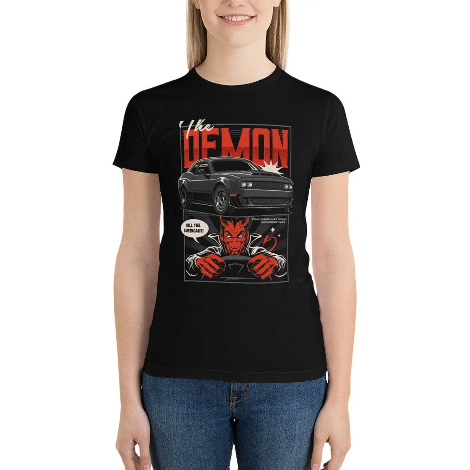 

Challenger Demon Automotive Car Illustration T-Shirt Blouse funny tees vintage clothes t shirts for Women