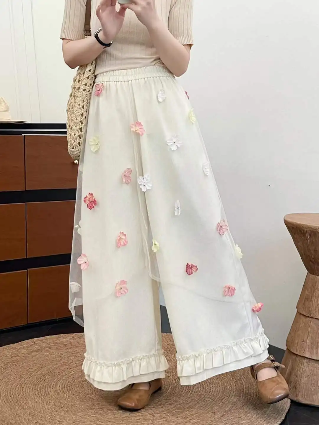 New 2026 Summer Women Cotton Trousers, Elastic Waist 3D Floral Ruffles, Mori Girl Sweet Age Reduction Wide-leg Pants B64025CC