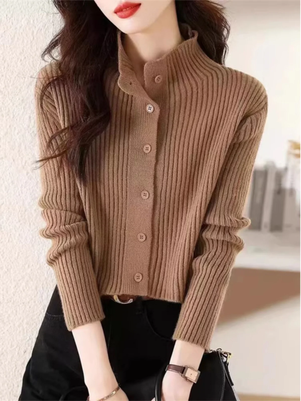 

Женский корейский топ Ele ort с высоким воротником, универсальный весенне-осенний модный вязаный топ небольшого размера