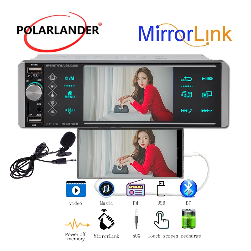 

Автомагнитола Rollerock, 1 Din, 4 дюйма, 2USB, FM, Android 1080P, HD, Интеллектуальный Голос ии, MP5, функция Mirrorlink, BT, красочное освещение, Wince