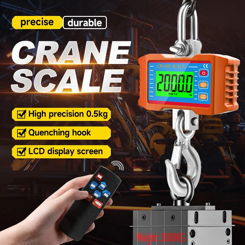2T Digital Hanging Scale 1500kg 1000KG Heavy Duty Crane Scales LCD Steel Industrial Auto Lock Hook Weight Blance Remote Control