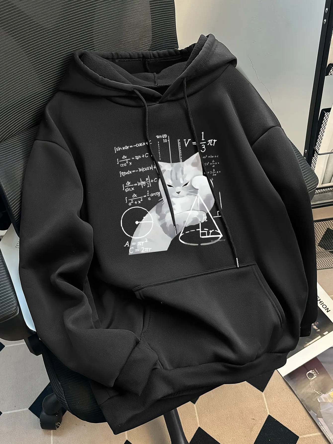 Lustiger Damen-Kapuzenpullover mit langen Ärmeln und Aufdruck "Katze und Mathematische Formel", lockerer, lässiger Alltags-Sweatshirt-Hoodie für Frauen. – Detail 3