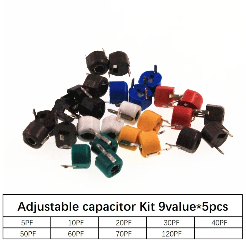 45pcs=9value*5pcs trimmer Adjustable capacitor Assortment Kit JML06 5pf 10pf 20pf 30pf 40pf 50pf 60pf 70pf 120pf