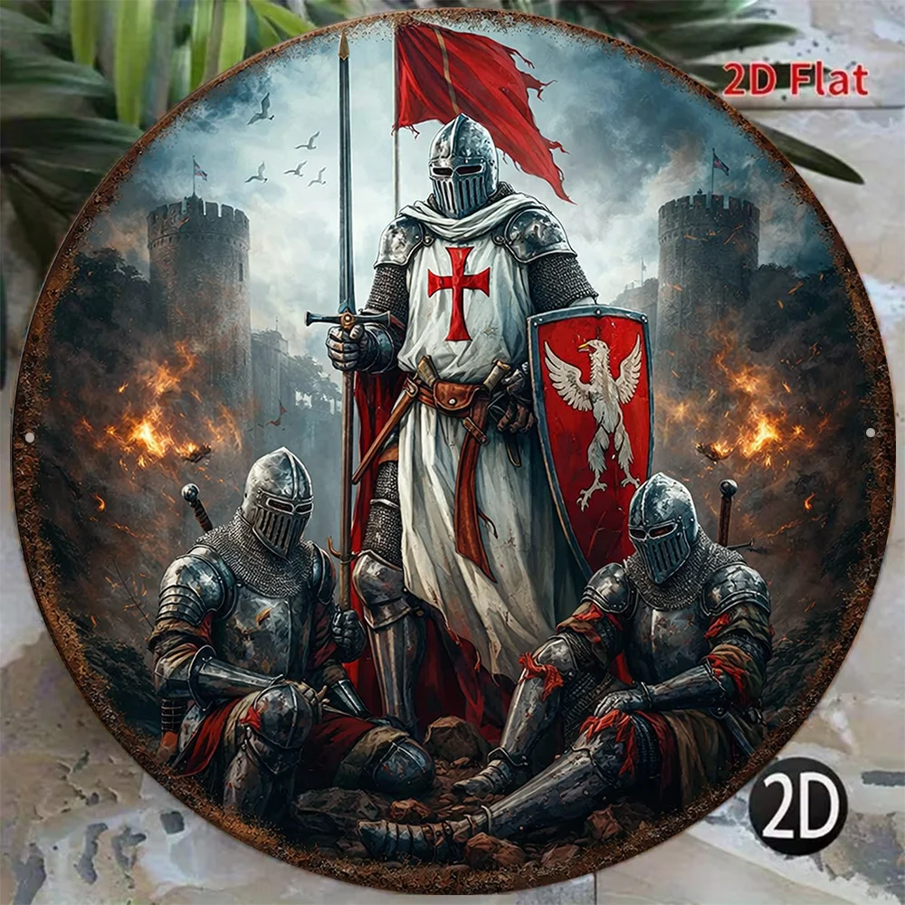 2D Metal Sign 8x8in Round Aluminum Plate Retro Medieval Knight Templar Decor for Bar Game Room Living Room Gift