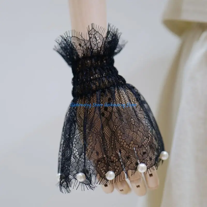 573B Trendy Floral Imitation Pearls Wrist Cuffs Lace Elastic Bracelet For Photo Props