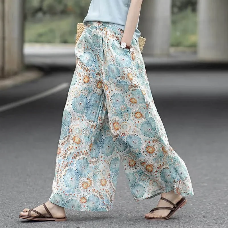 

Pop Cotton Linen Pants Floral Printing Loose Casual Vintage Korean Style Harajuku Trousers Wide Leg Pants Women Clothing Baggy P