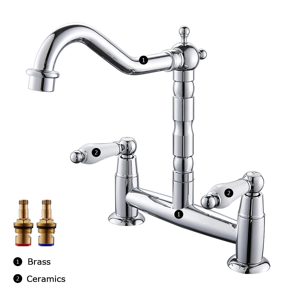 Kitchen Ceramic Handle Faucet European Style Full Brass Retro Double Hole Two Handle Bathroom Basin Faucet Kitchen Sink Faucet