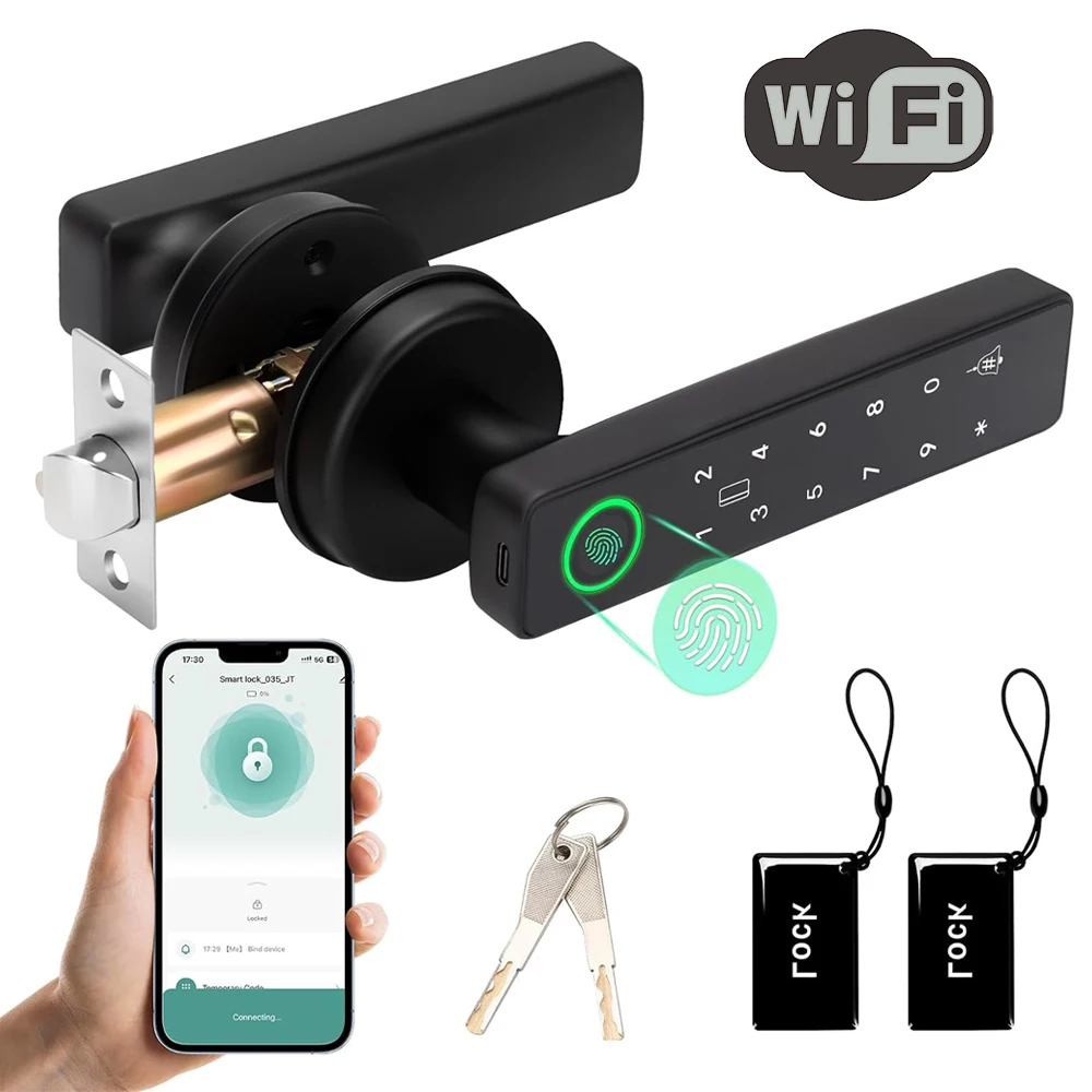 Smart Door Lock 5-in-1 Fingerprint Door Lock Handle Fingerprint Password Cards Key Unlock  Anti-Peeping Auto Lock for Left Right