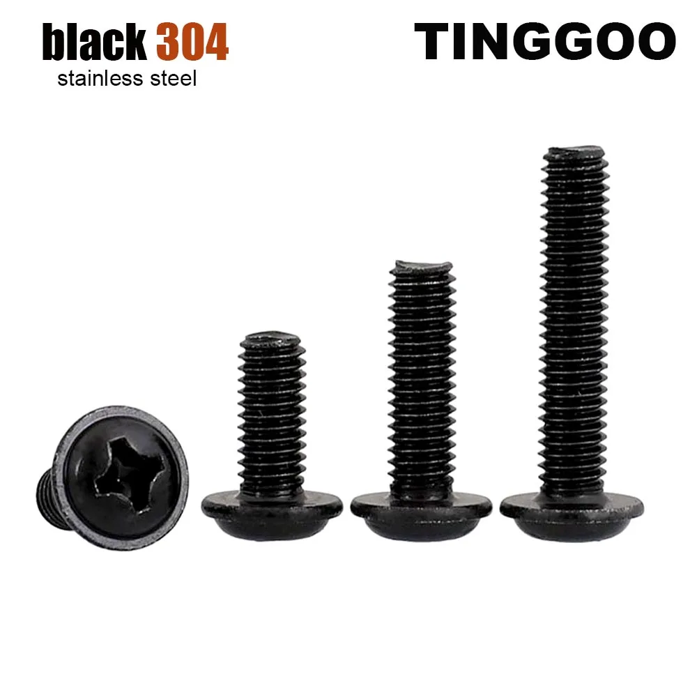 5/50pc M2 M2.5 M3 M4 M5 M6 Black Stainless Steel Cross Recessed Phillips Pan Round Head With Washer PWM Padded Collar Screw Bolt