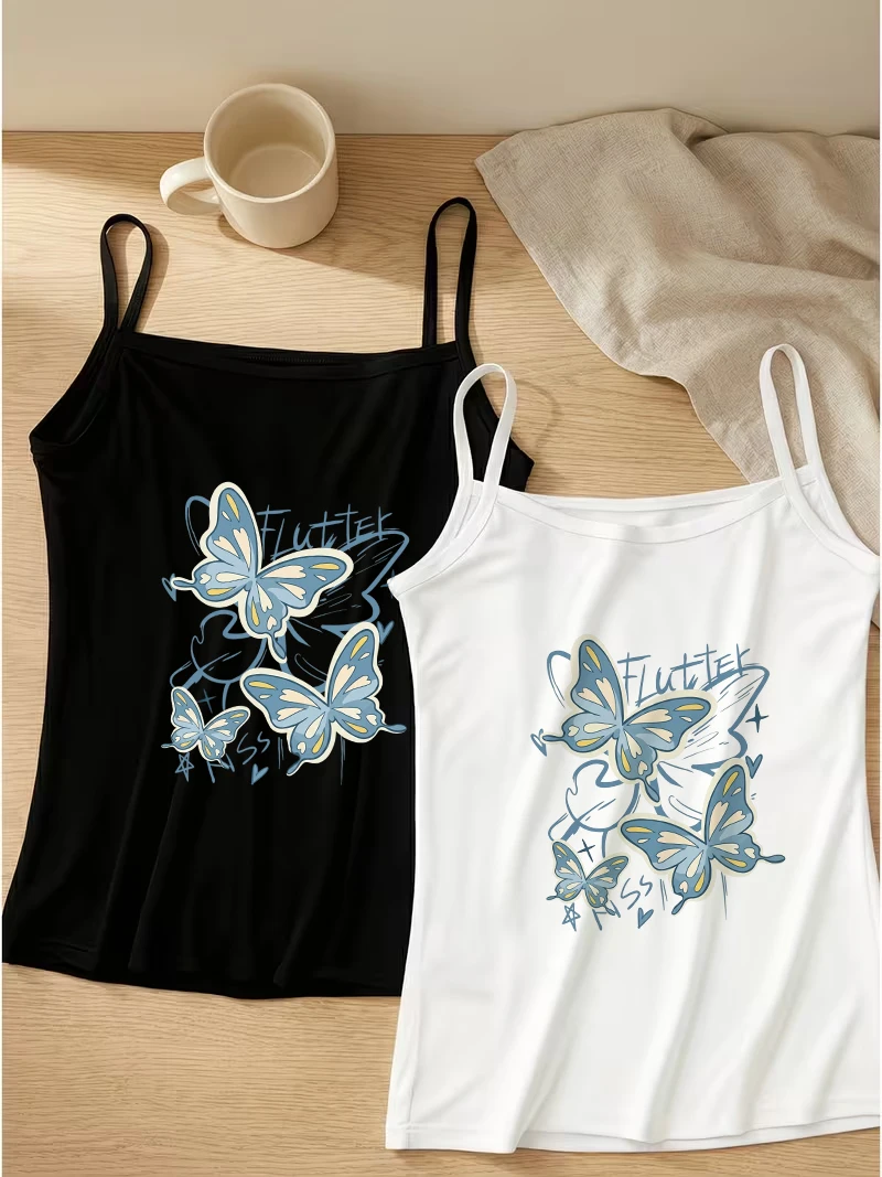 Soft Grunge Butterfly Lover Camisole Women Summer Sketchy Art Print Tank Top Blue Tone Sleeveless Vest Alternative Fashion
