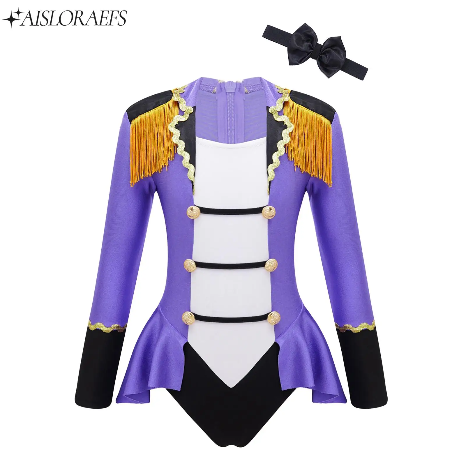 

Girls Halloween Circus Ringmaster Costume Long Sleeves Tassel Carnival Cosplay Jumpsuit with Tie for Themed Party Dress Up