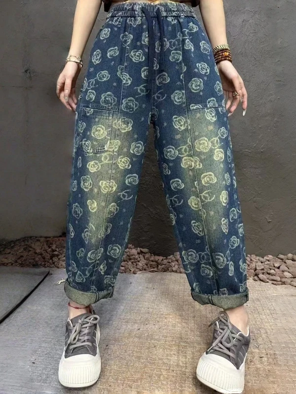Lente 2026 Casual Harajuku Sle Loose Fit Gedrukt Denim Rechte Pijpen Broek Dames Afslankende Elastische L Taille Jeans