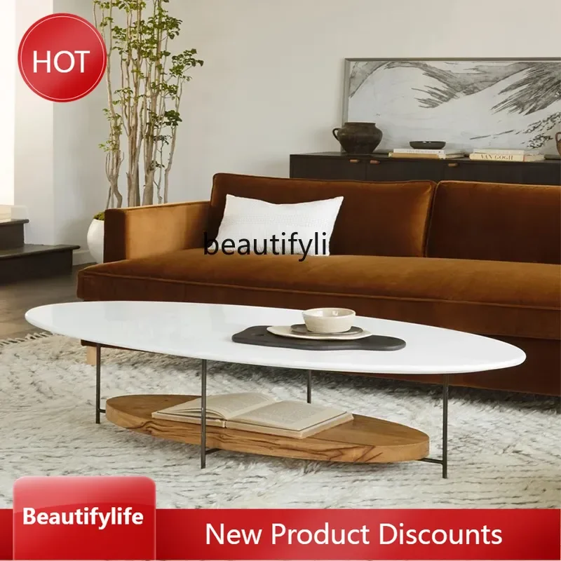 

A57 Sili Style Marble Solid Wood Double-Layer Coffee Table Creative Log Tea Table Small Apartment Coffee Table Designer