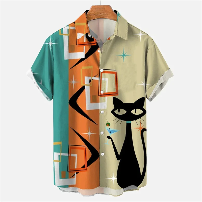 Men's Summer Shirt Egyptian Cat 3D Pattern Shirt Summer Collar Short Sleeve Retro Top 2026 Suitable for Both Men and Women