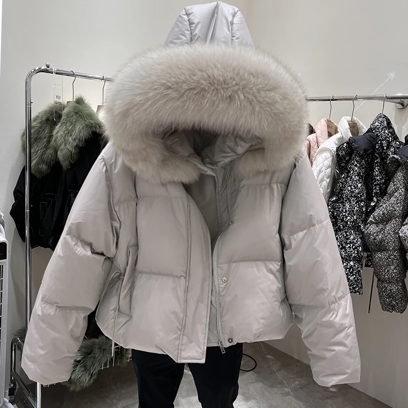 2023 Women Winter Fashion White Duck Down Jackets Female Real Big Fur Collar Hooded Coats Ladies Short Loose Overcoats