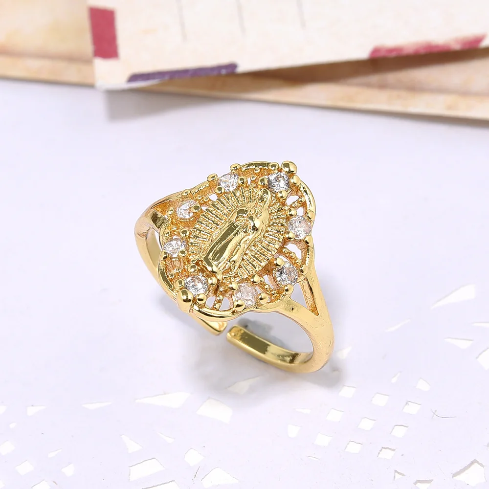 Fashion Cincin terbuka gambar perawan Mary zirkon set mikro emas 18k berlapis tembaga komuter cincin elemen agama