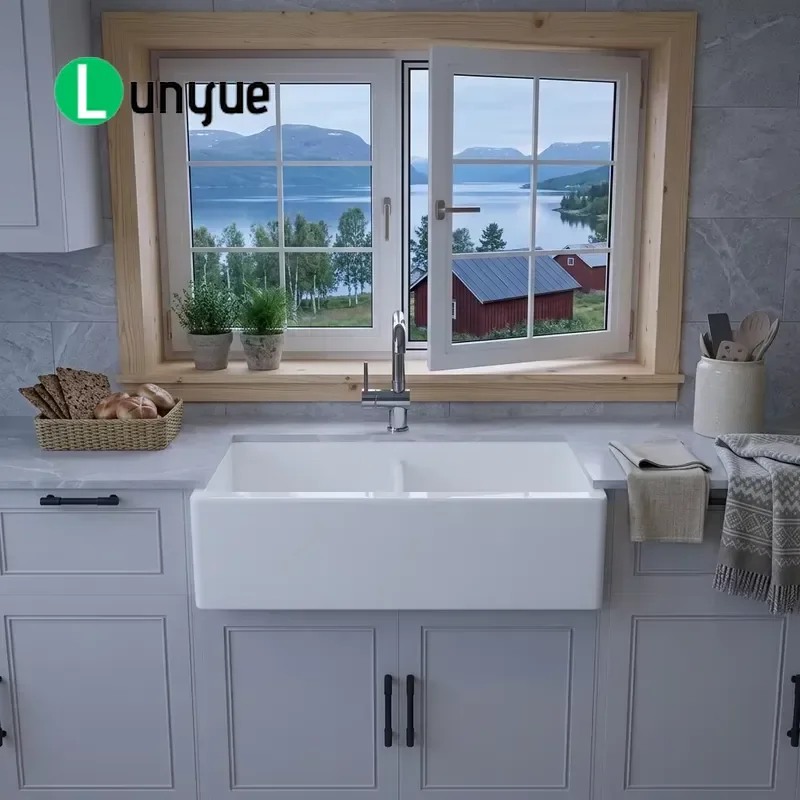 33 Inch White Fireclay Handmade Rectangular Double Bowl Apron Front Kitchen Sink Farmhouse Style Durable Easy Clean