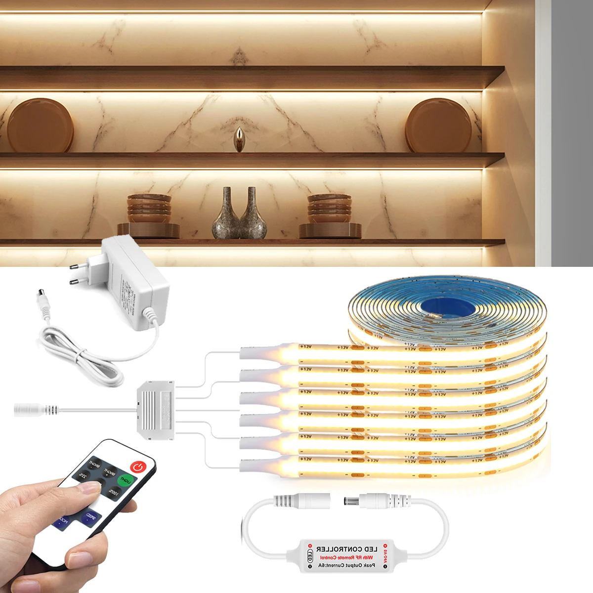 LED Under Cabinet Light RF Remote Control Dimmable Swtich Lamp Tape COB 320LEDs/m DIY Storage/Display Closet Light for Kitchen J