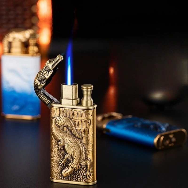 

Бутановая газовая зажигалка с двойным пламенем и 3D рельефом из крокодиловой кожи, надувной аксессуар для курения, сигаретные зажигалки с высоким пламенем