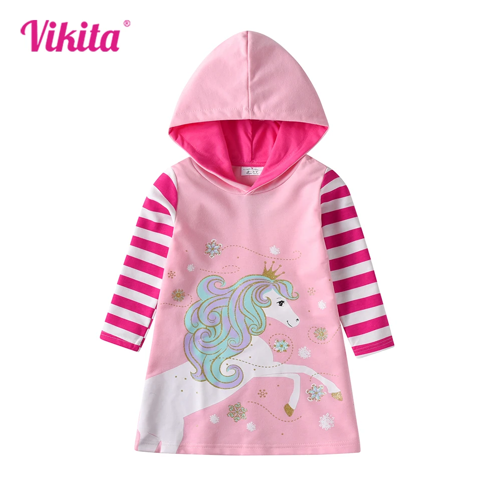 VIKITA Girls Hooded Licorne Print Autumn Winter Thick Striped Pink Dresses Girls Hoodies Straight Cotton Casual Princess Dress