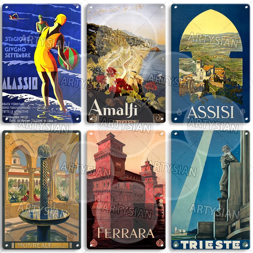 Travel Posters ITALY Austria Metal Sign ASSISI NAPOLI VENEZIA FERRARA ABRUZZO ROME SANREMO Sicilia Cesenatico Trieste Palermo