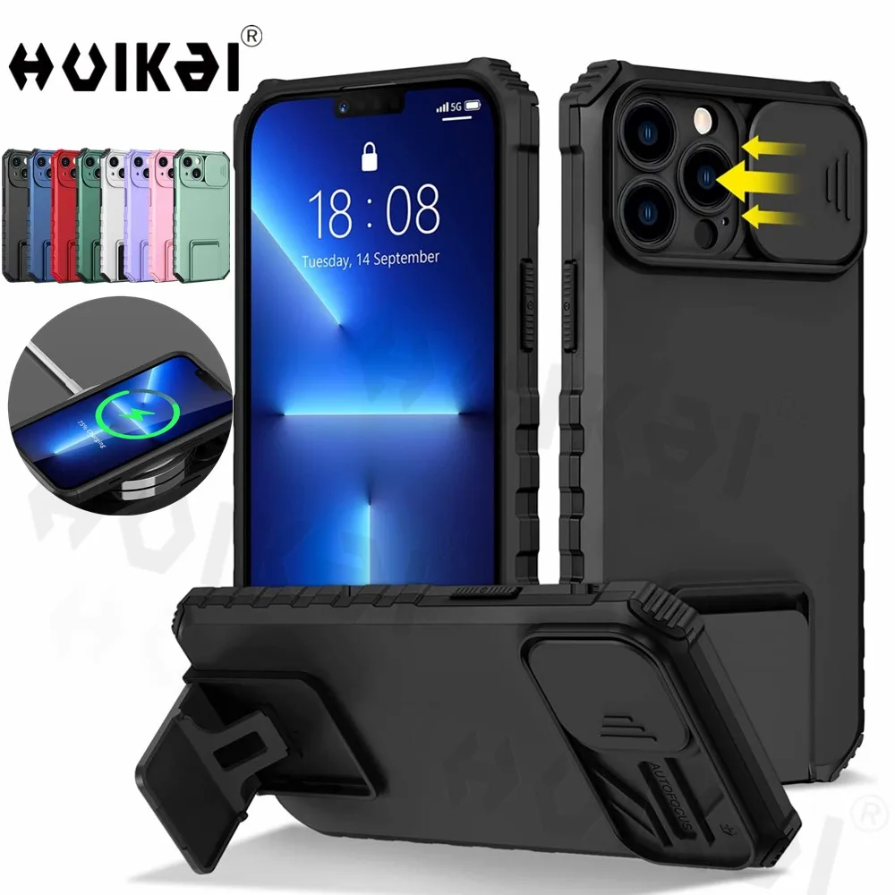 Slide Camera Cover For  iPhone 15 14 13 12 Pro Max 11 XS MAX 8 7 Plus Kickstand Heavy Duty Protection Shockproof Protective Case