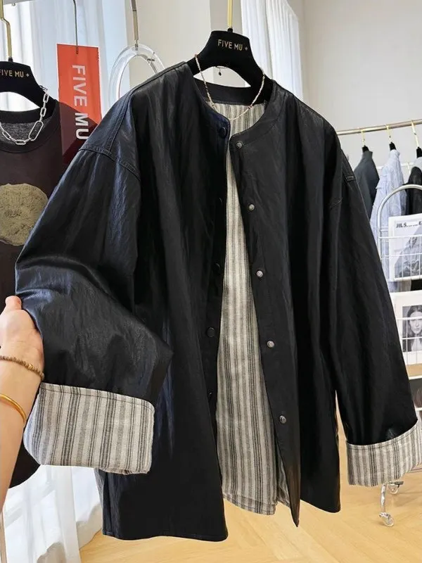 

Loose American Sle Casual PU Leather Jaet Men's 300 Pou Large Size Spring Autumn Street Faion Windbreaker Coat