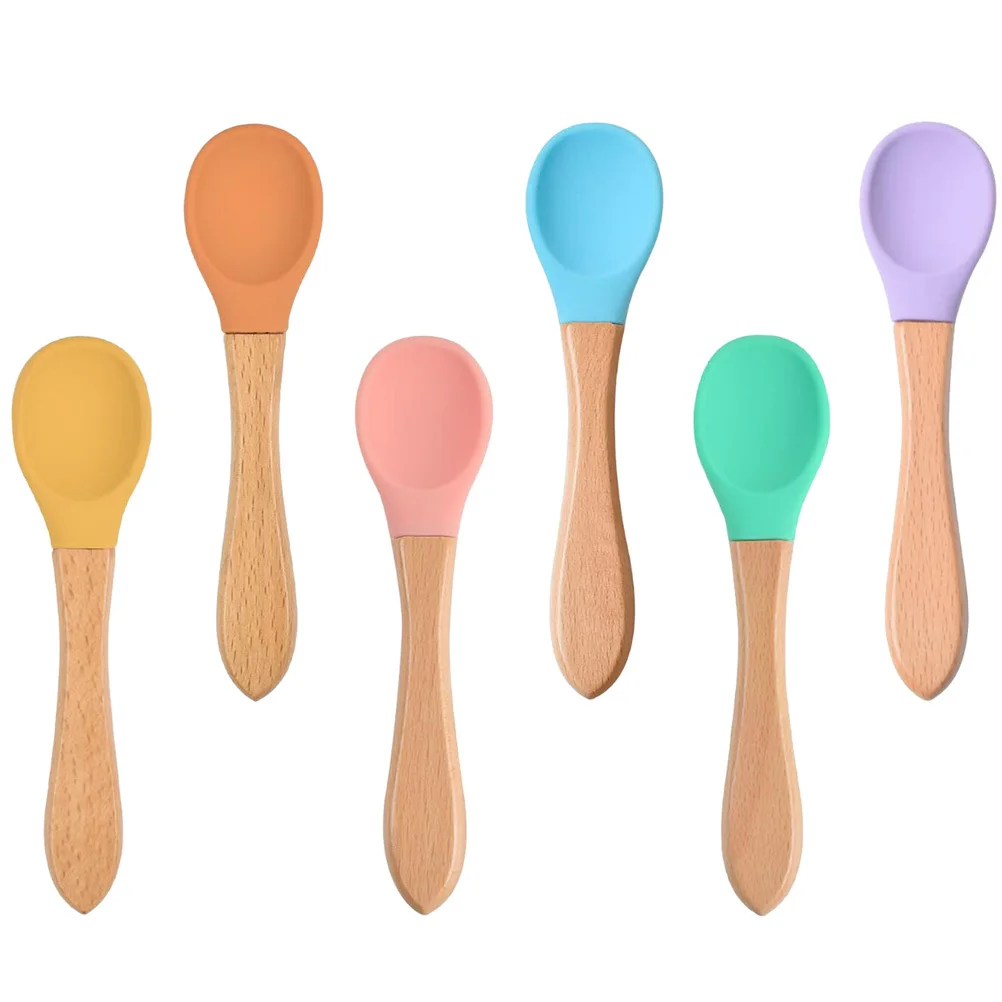 

6Pcs Baby Feeding Spoons Silicone Head Handmade Wooden Handle Heat Resistant Comfortable Small Hands Complementary Food Safe