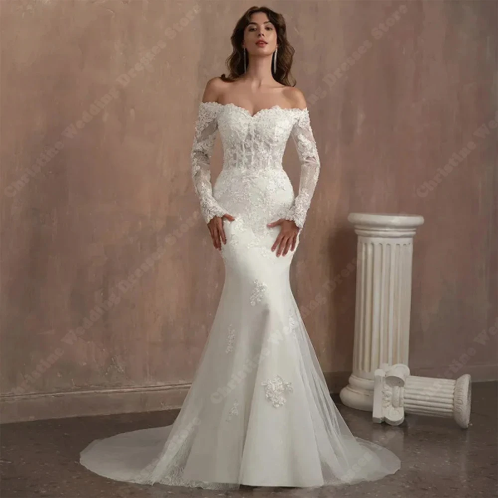 Vintage Mermaid Women Wedding Dresses Off Shoulder Lace Sleeves A-Line Bridal Gowns Lace Appliques Robes Vestidos De Novias 2024