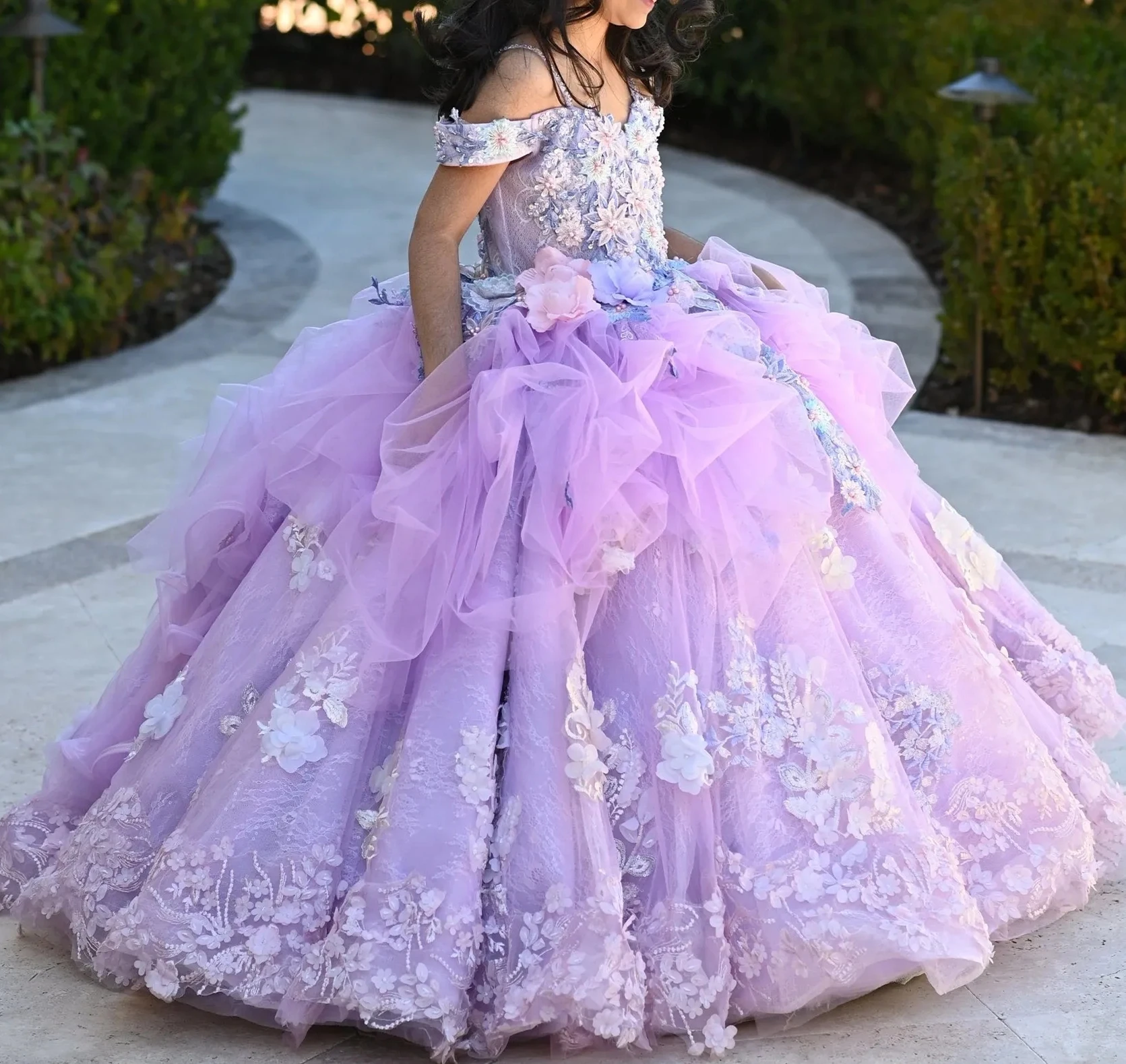 Princess Flower Girls Dresses For Wedding 3D Floral Lace Appliques Lanvender Brithday Party Kids Formal Wear Toddler Pageant