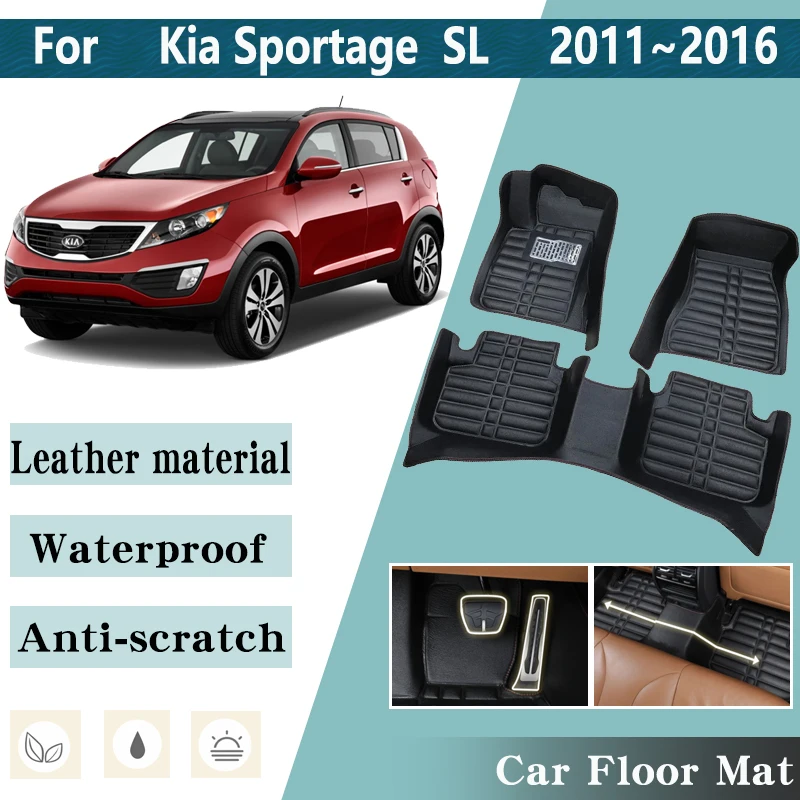 LHD Car Floor Mats for Kia Sportage SL 2011~2016 Car Waterproof Leather Foot Inner Liner Carpet Pad Custom Cover Rug Accessories