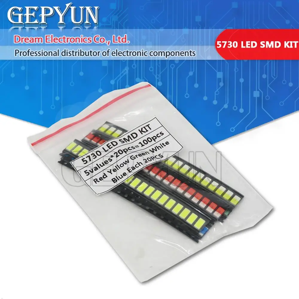 100 Stück = 5 Farben x 20 Stück SMD 5730 5630 LED-Dioden-Sortiment igmopnrq KIT LED-Dioden-Kit Grün/ROT/Weiß/Blau/Gelb
