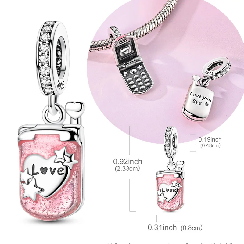 

Original 925 Sterling Silver Charm Bead Pink Flip phone Pendant For Women Fit Original Bracelets Necklace DIY Accessories Gift