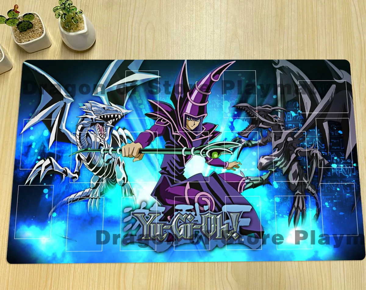 YuGiOh Dark Magician TCG Mat Blue-Eyes White Dragon & Red-Eyes Black Dragon CCG Playmat Trading Card Game Mat Mouse Pad Free Bag