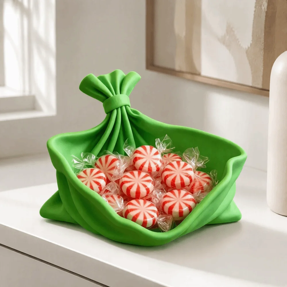 Wrinkled Christmas Decorative Storage Tray Lightweight Versatile Gift Bag Shape Tray Solid-colored Elegant 3D Printed Tray