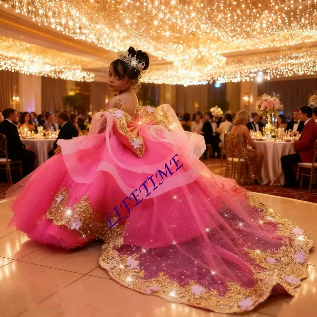 Abiti lunghi da festa per ragazza rosa personalizzati Abiti da cerimonia per feste di spettacoli di compleanno personalizzati con applicazioni dorate