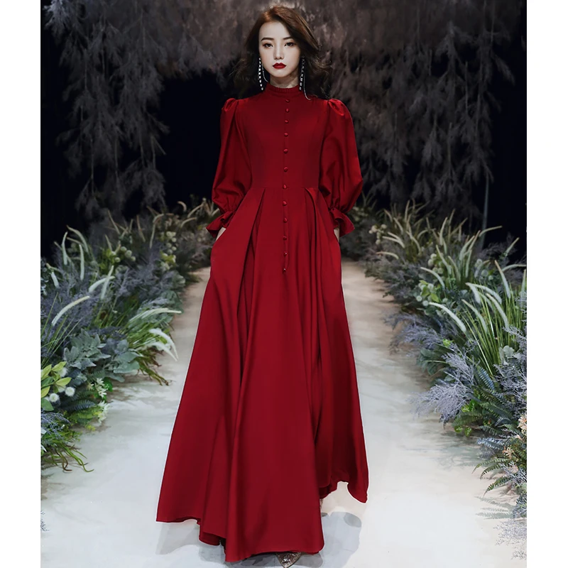 

It's Yiiya Customized Evening Dress Wine Red Velour Modest O-neck Full Sleeves A-line Floor length Plus size Woman Party Gown