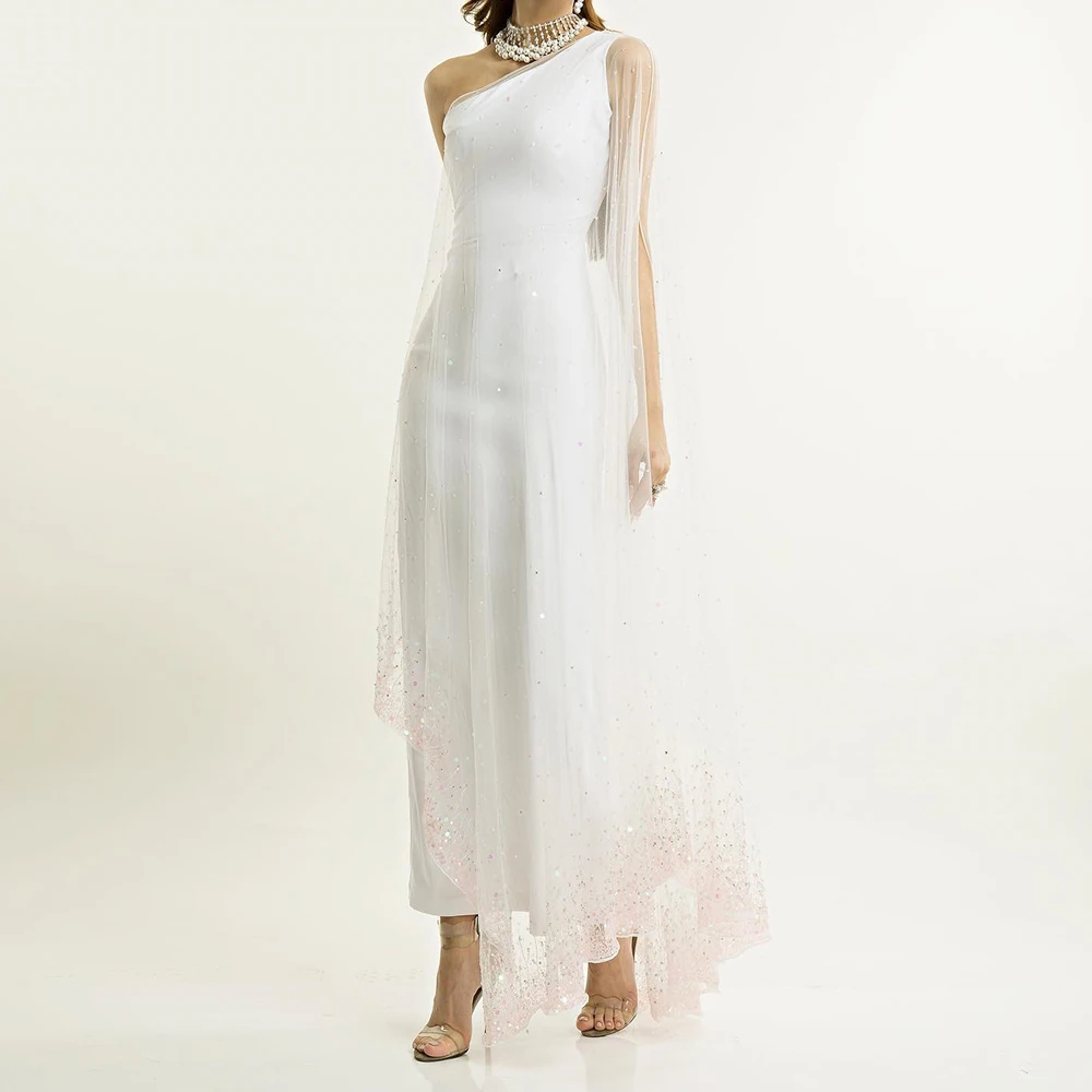 Customized Exquisite Sequined Tulle One Shoulder Evening Dress Delicate Straight Half Sleeves Floor Length Vestidos De Fiesta