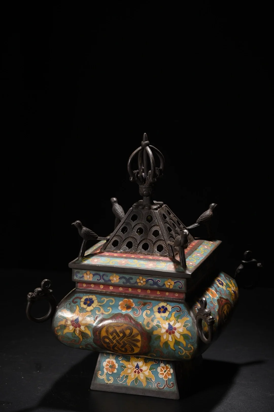 

12-дюймовая коллекция, старая бронзовая перегородчатая эмаль, четырехсторонняя Будда, птица, дракон, Будда, пагода, курильница, среди богатства, зал поклонения