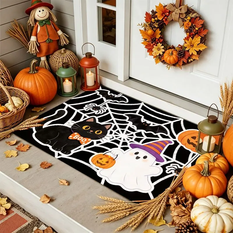 Cute Boo Halloween Doormat Black Cat Ghost Witch Hat Spider Web Bat Pumpkin Print Indoor Entry Welcome Decor Rug