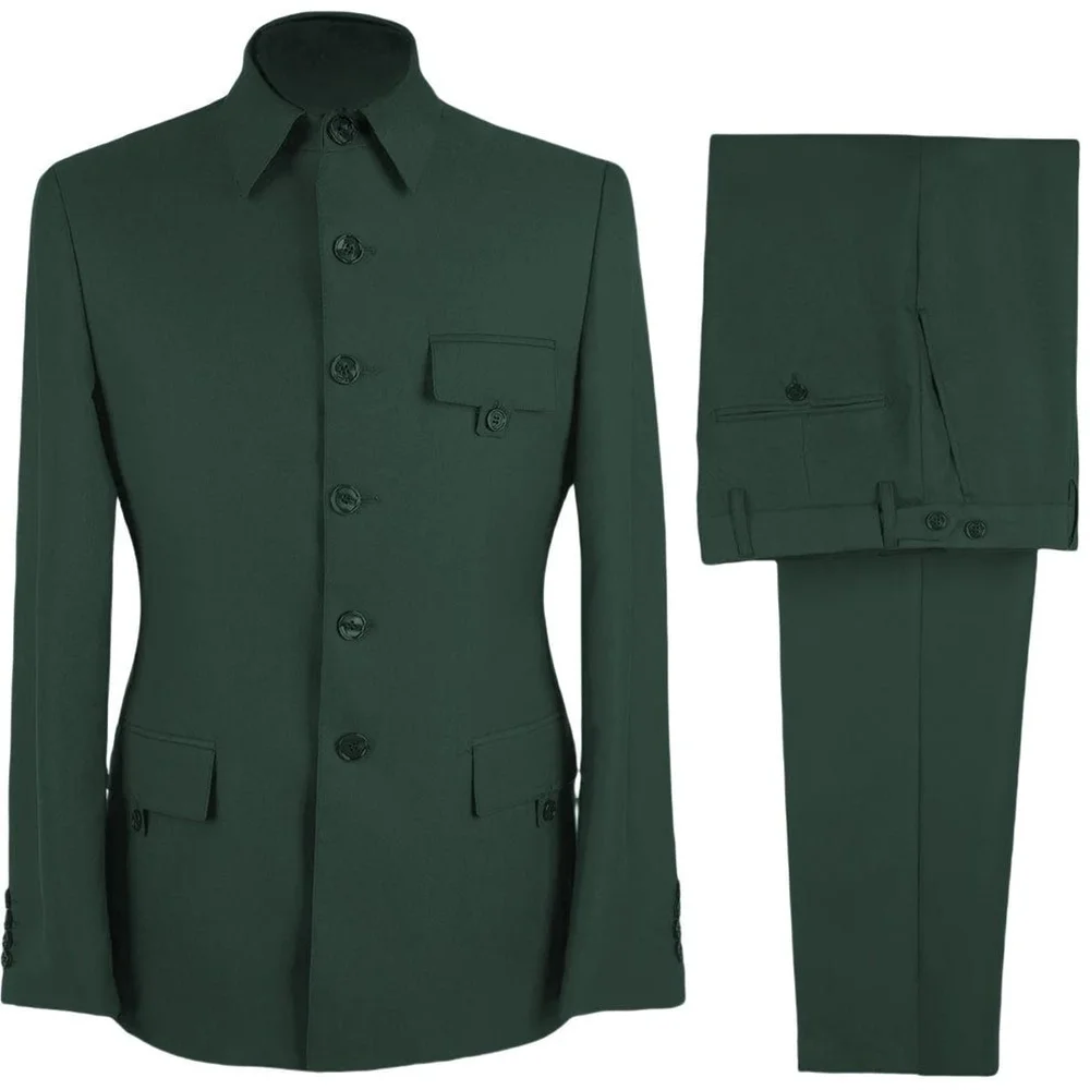 

Стильные мужские костюмы с лацканами-стойкой, комплект из двух предметов, однотонный зеленый наряд с несколькими карманами, мужская одежда, повседневный офисный повседневный пиджак, комплект