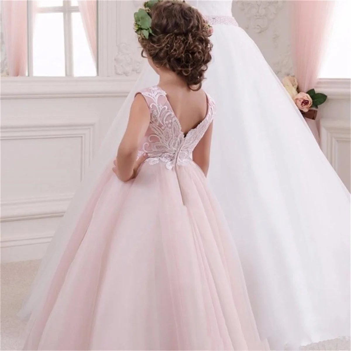 

Simple Pink Flower Girl Dress For Wedding Tulle Puffy Applique Sleeveless With Bow Child's First Eucharistic Birthday Party Gown