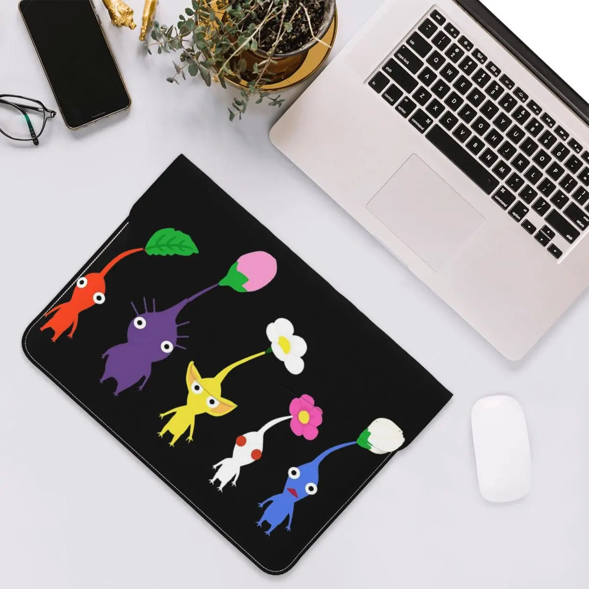 Cute Pikmin Pattern Blue PU Leather Horizontal Laptop Sleeve Shockproof Soft Lining Notebook Case 13 Inch